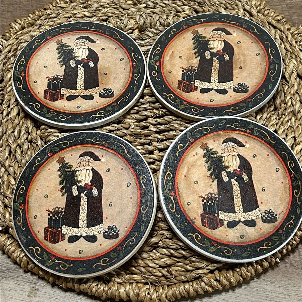 Coasters Old World Santa World Showcase Thirsty Stoneware Christmas Set of Four